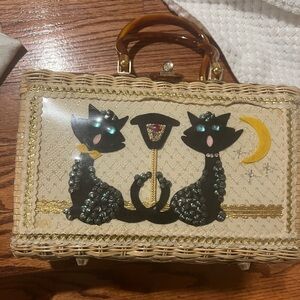 Vintage Wicker Satchel with Cat Design handbag bag purse
